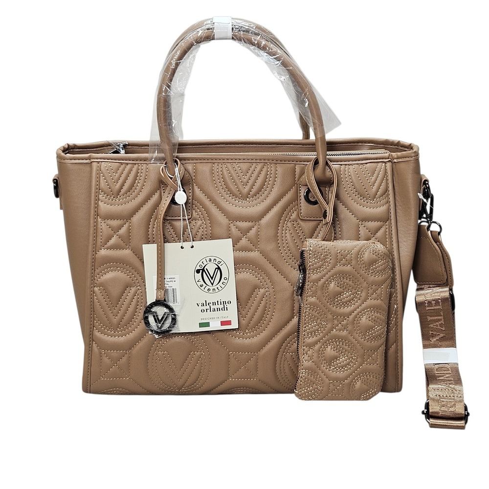 Valentino‎ Orlandi Large Taupe Quilted V Logo Tote Bag with Pouch and Strap NEW
